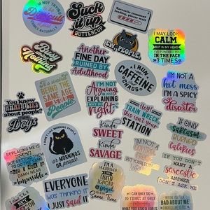 Set of 24 sarcastic stickers approx 2in in size each holographic background